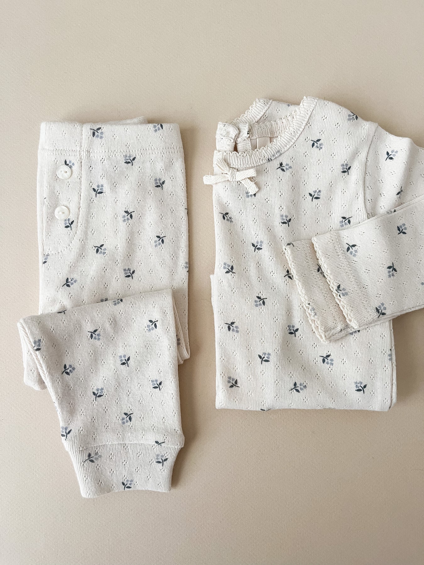 Quincy Mae Natural Blue Ditsy | Pointelle Long Sleeve Tee + Legging Set