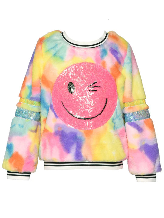 Baby Sara Yellow Multi | Faux Fur Cloud Print Top With Sequin Happy Face Patch