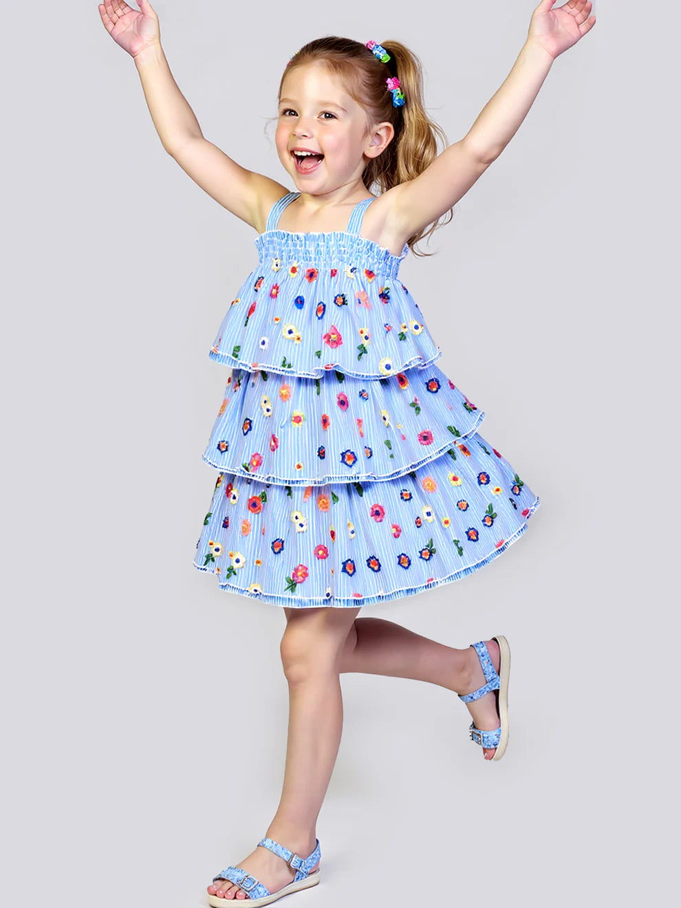 Hannah Banana Blue | Embroidered Overlay 3-Tier Mesh Dress