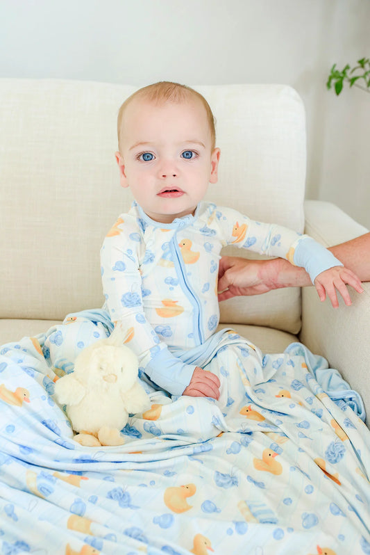 Caden Lane Blue | Bubble Duckies Convertible Bamboo Zip Romper