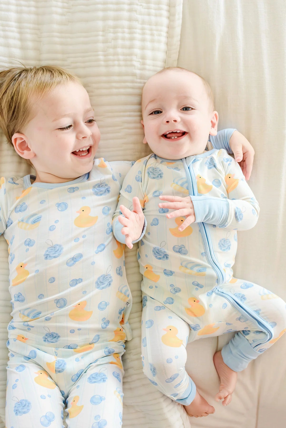 Caden Lane Blue | Bubble Duckies Convertible Bamboo Zip Romper