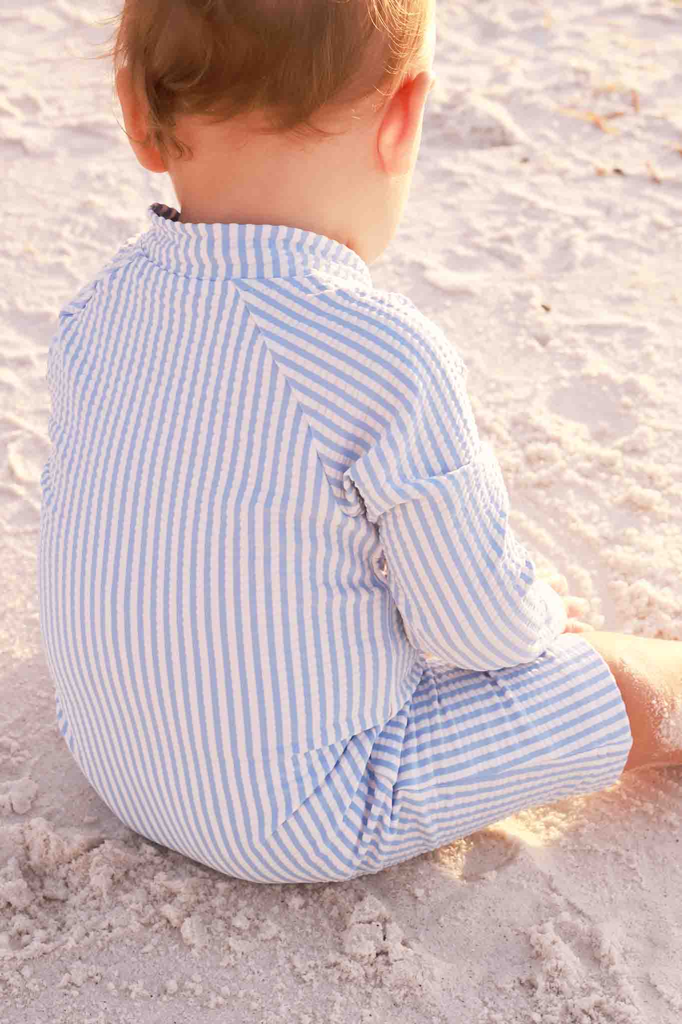 Caden Lane Blue | Seersucker Long Sleeve Rash Guard Swim Romper Shortie