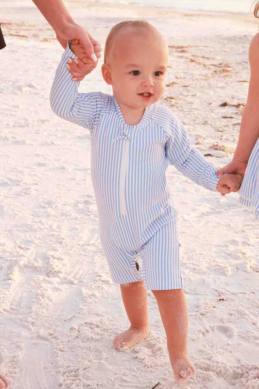 Caden Lane Blue | Seersucker Long Sleeve Rash Guard Swim Romper Shortie