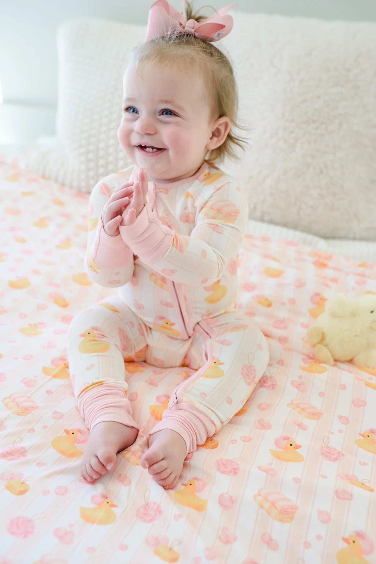 Caden Lane Pink | Bubble Duckies Convertible Bamboo Zip Romper