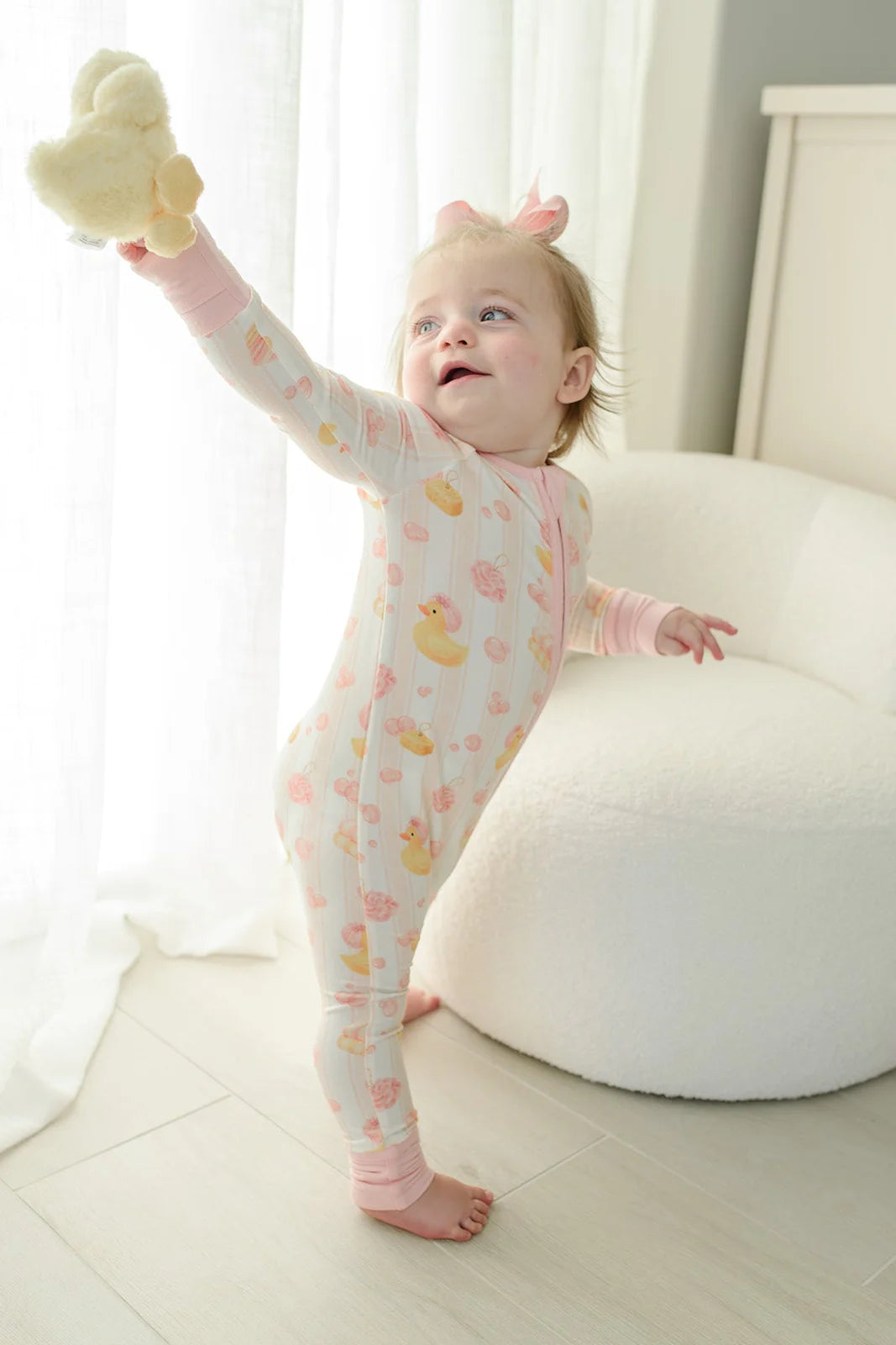 Caden Lane Pink | Bubble Duckies Convertible Bamboo Zip Romper