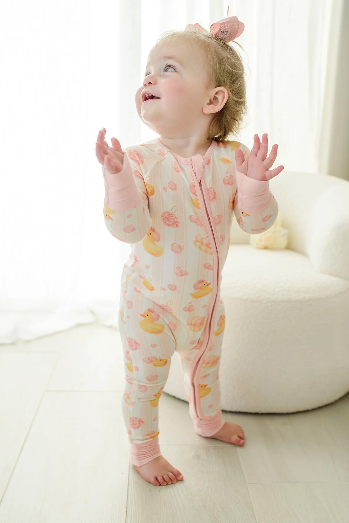 Caden Lane Pink | Bubble Duckies Convertible Bamboo Zip Romper