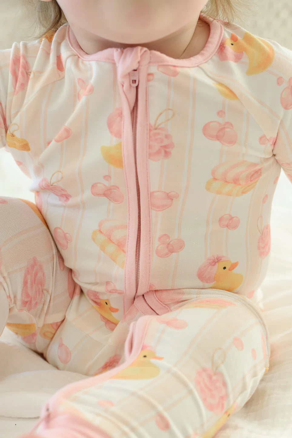 Caden Lane Pink | Bubble Duckies Convertible Bamboo Zip Romper