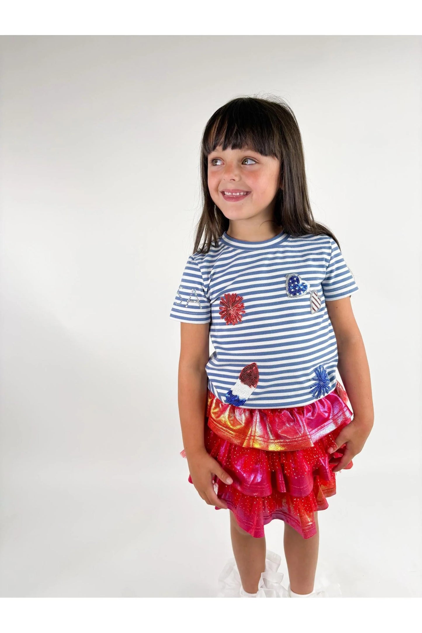 Three Wildflower Designs Blue | Striped Australian Terry Cotton Fourth of July Patch Top