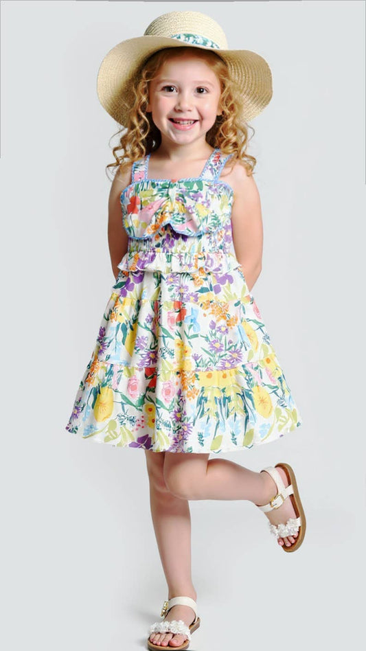 Hannah Banana Ivory Multi | Floral Print Dress with Front Bow Detail