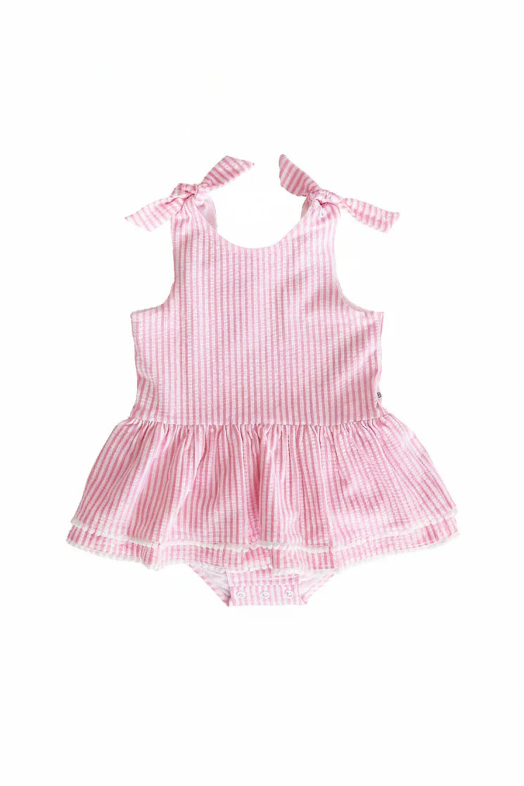 Caden Lane Dusty Pink | Seersucker Tiered Skirt with White Pom Trim