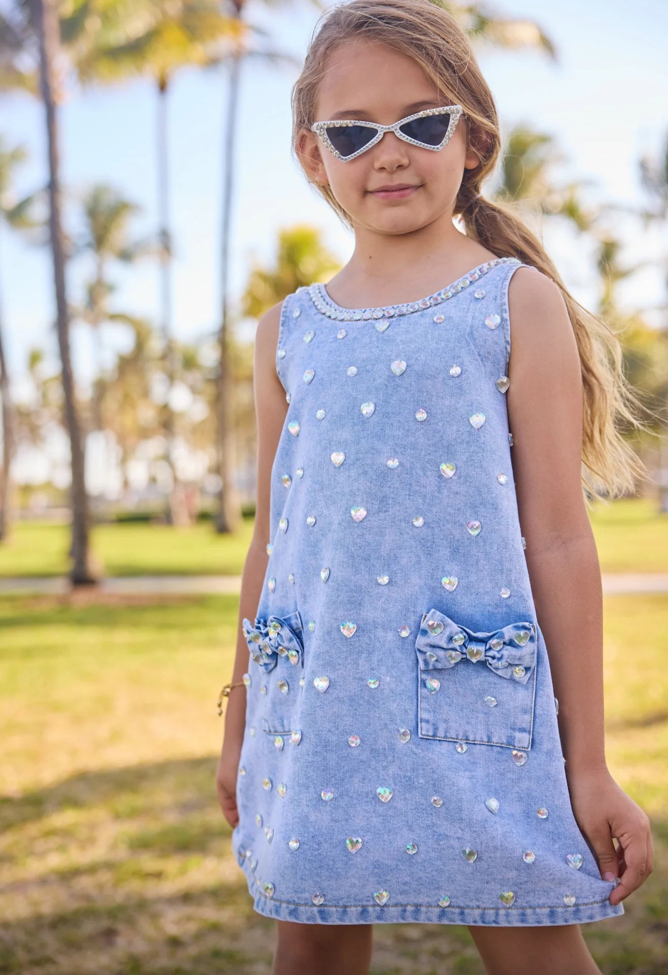 Lola + The Boys Crystal Heart | Denim Bow Dress