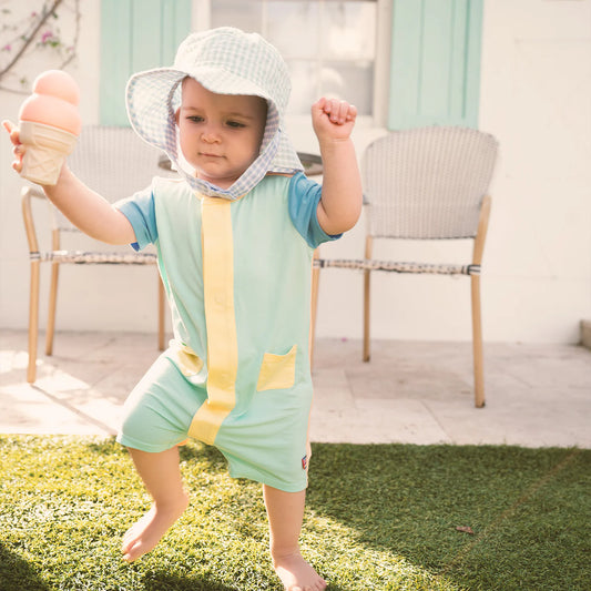 Magnetic Me Aloe Multi | Colorblock Short Sleeve Double Pocket Short Romper