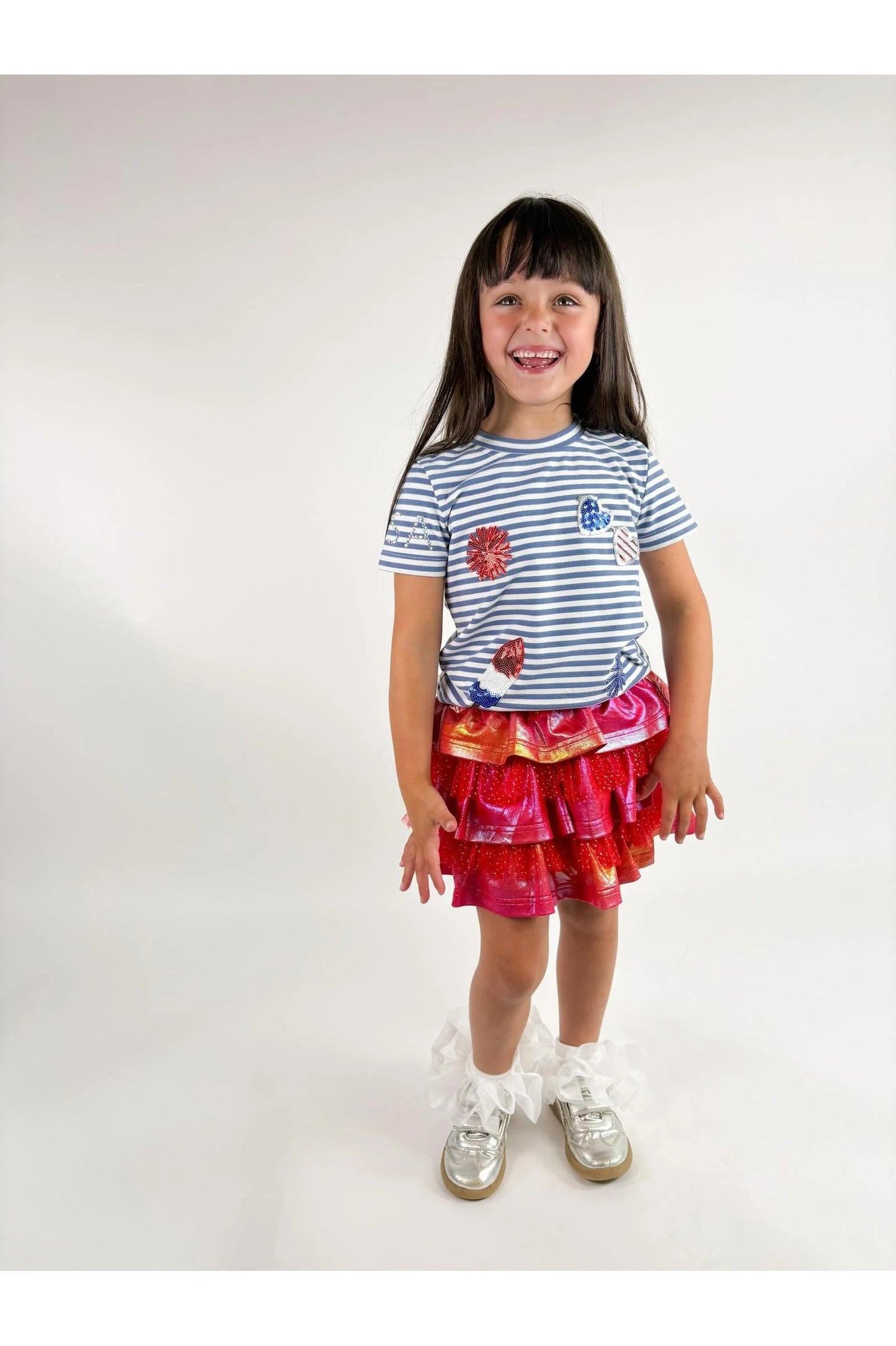 Three Wildflower Designs Blue | Striped Australian Terry Cotton Fourth of July Patch Top