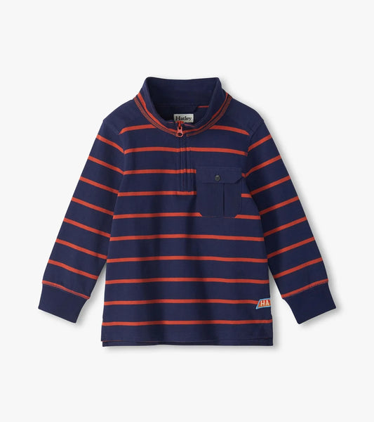 Hatley Navy and Orange Stripes | 1/4 Zip Mock Neck Top