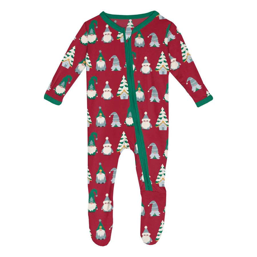 Kickee Crimson Gnomes | Print Footie With 2 Way Zipper