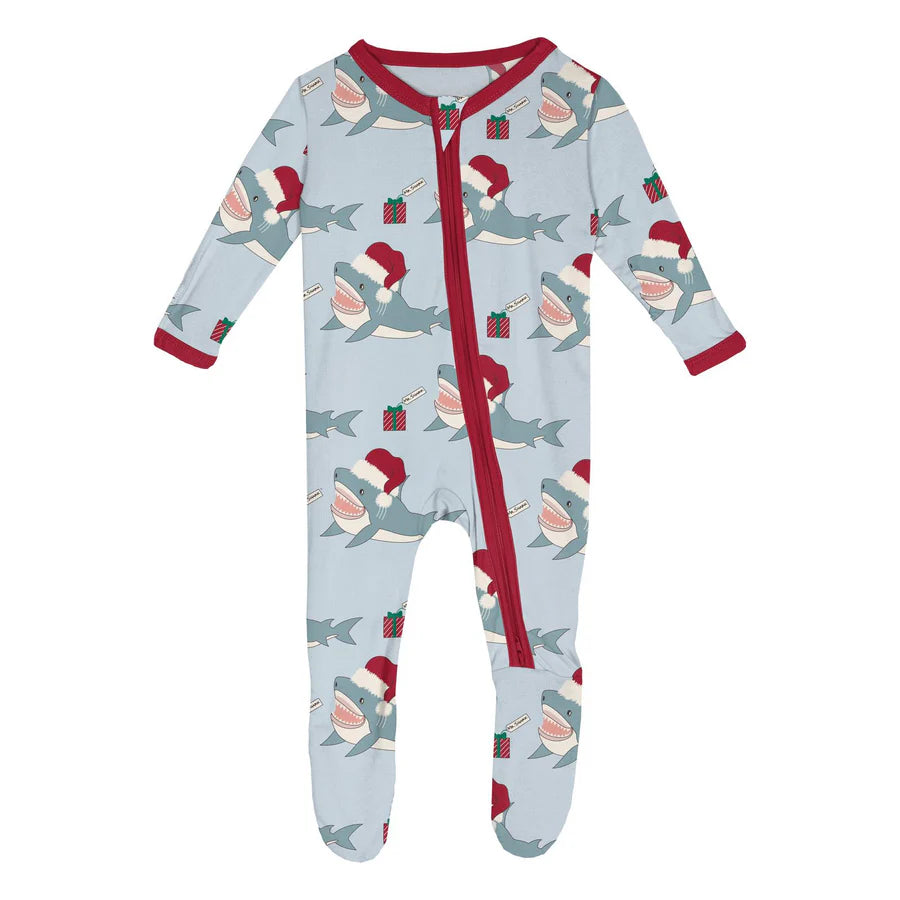 Kickee Illusion Blue Holiday Sharks | Print Footie With 2 Way Zipper