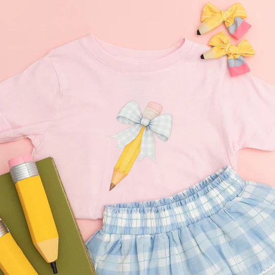 Sweet Wink Ballet Pink | Blue Plaid Pencil Bow Short Sleeve T-Shirt