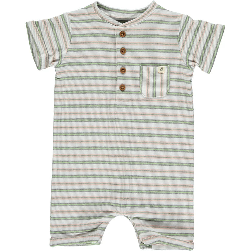 Me & Henry Pink, Grey, & White Multi Striped | Camborne Rib Henley Romper