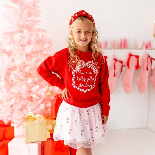 Sweet Wink Red | Holly Jolly Christmas Sequin Bow Patch Sweatshirt