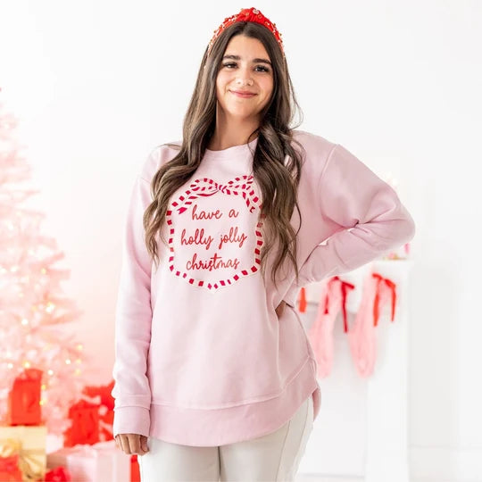 Sweet Wink Ballet Pink | Adult Holly Jolly Christmas Sequin Bow Patch Women's Sweatshirt