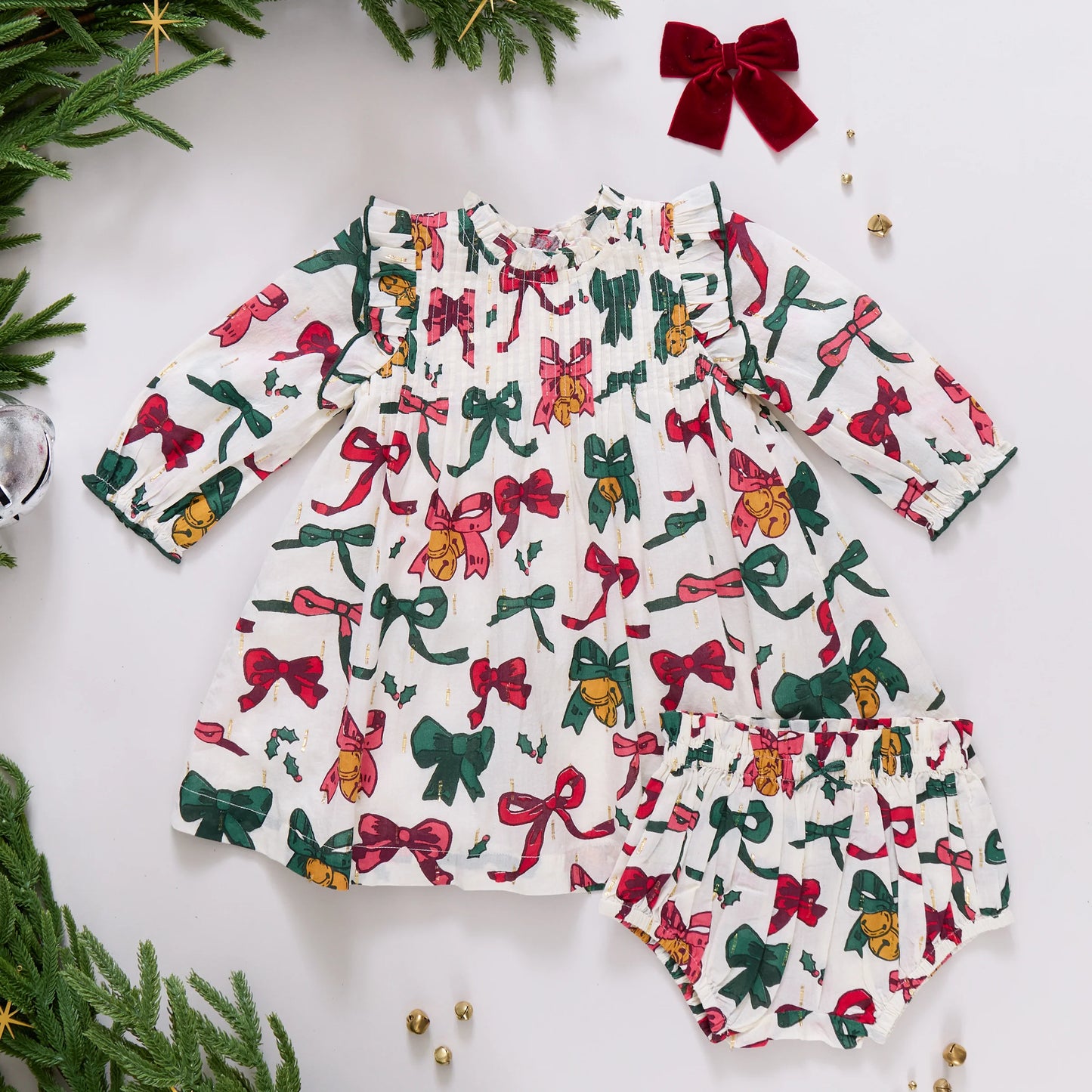 Pink Chicken Christmas Bows and Bells | Jaipur Dress Set