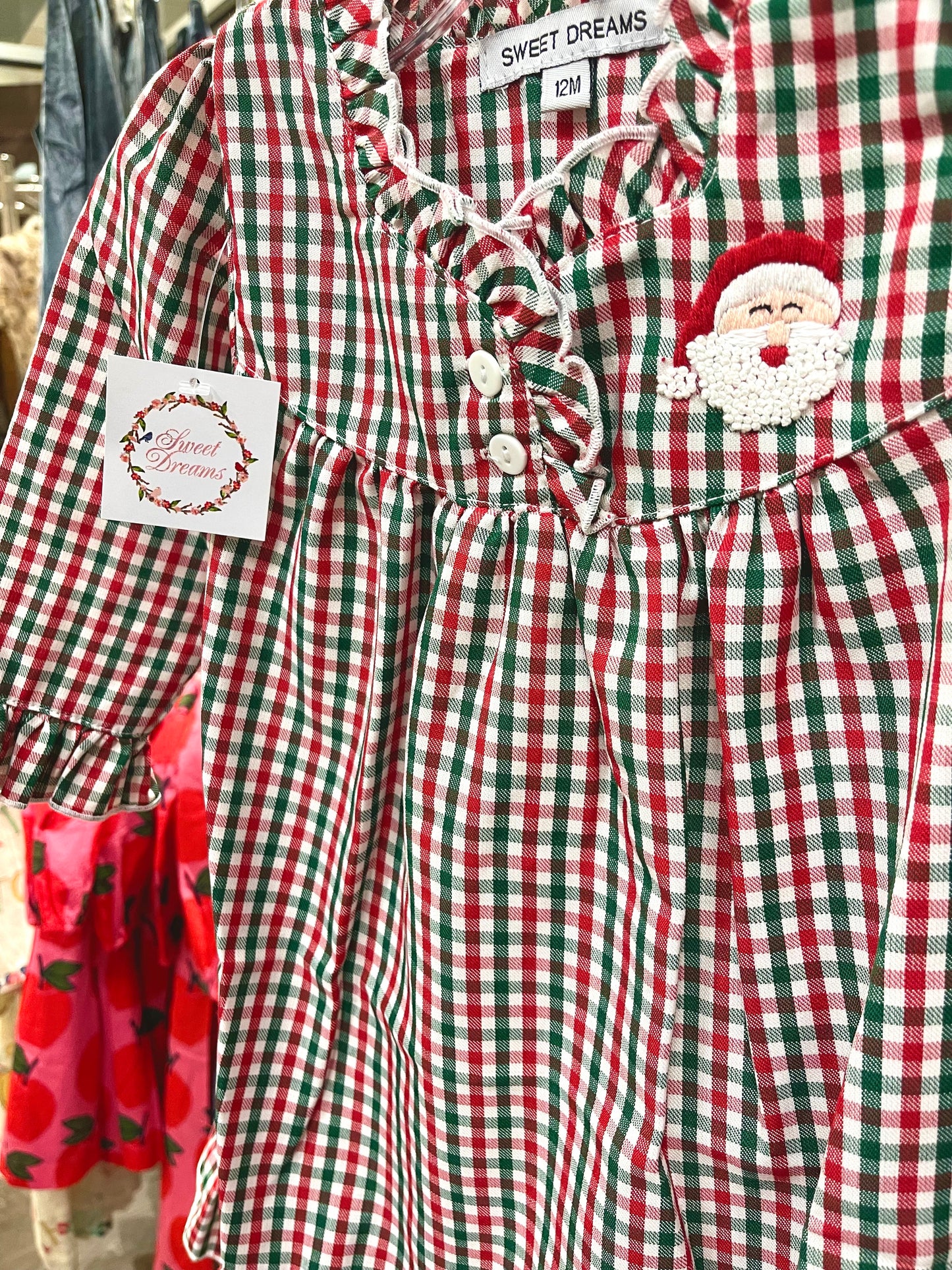 Sweet Dreams Red & Green | Santa Embroidered Gingham Gown