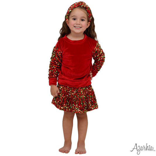 Azarhia Red Velour | Sequin Sleeve Christmas Sweatshirt