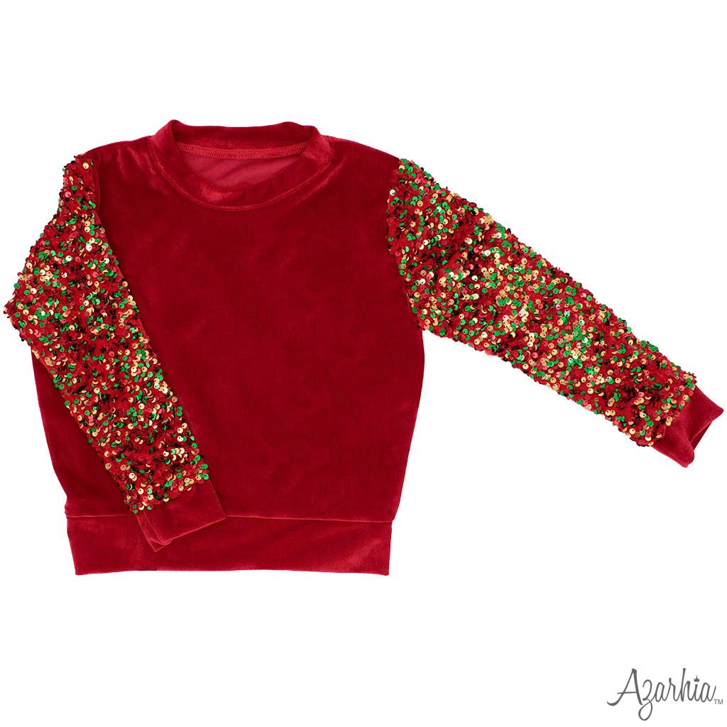 Azarhia Red Velour | Sequin Sleeve Christmas Sweatshirt