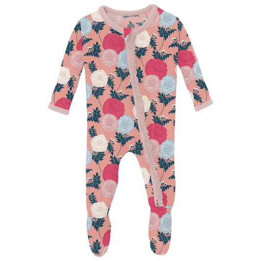 Kickee Blush Enchanted Floral | Print Muffin Ruffle Footie With 2 Way Zipper