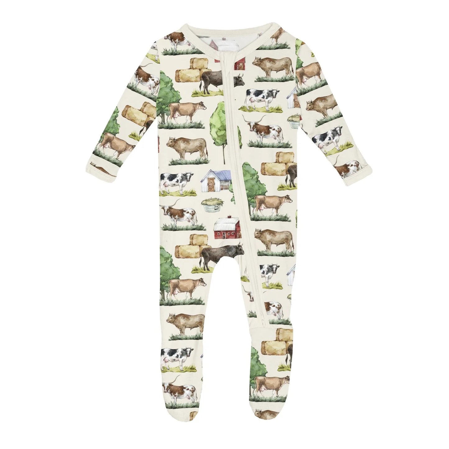 KicKee Natural Grazing Cows | Print Footie with 2 Way Zipper