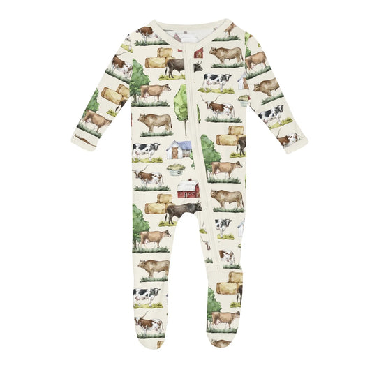 KicKee Natural Grazing Cows | Print Footie with 2 Way Zipper