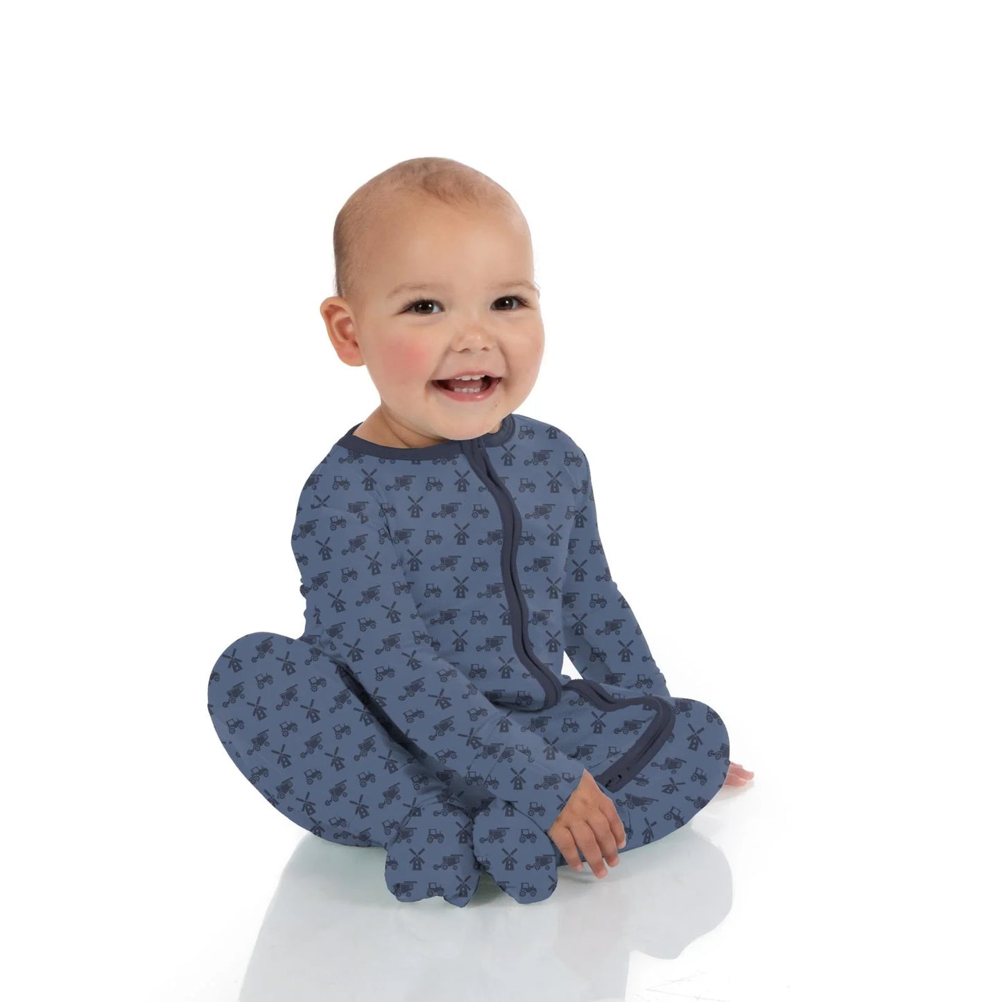KicKee Denim Tractors & Windmills | Print Footie with 2 Way Zipper