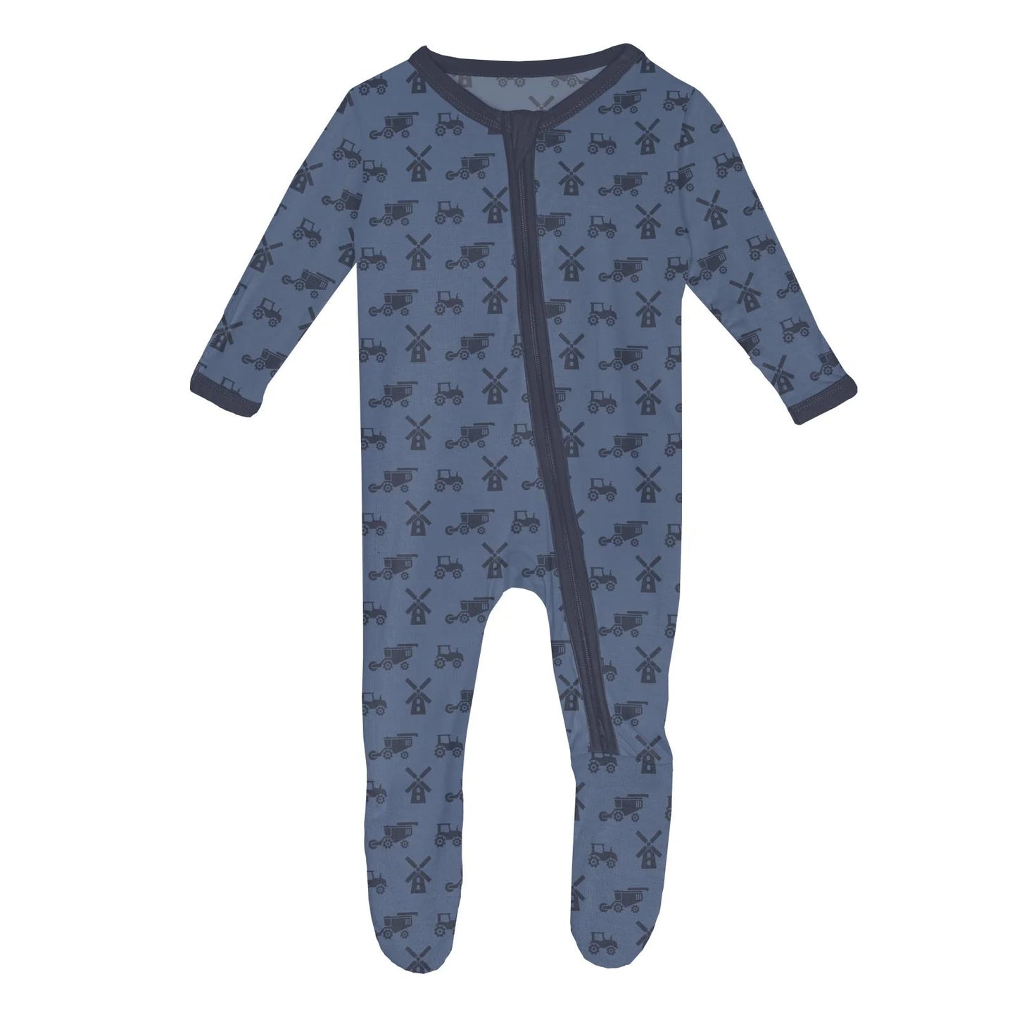 KicKee Denim Tractors & Windmills | Print Footie with 2 Way Zipper