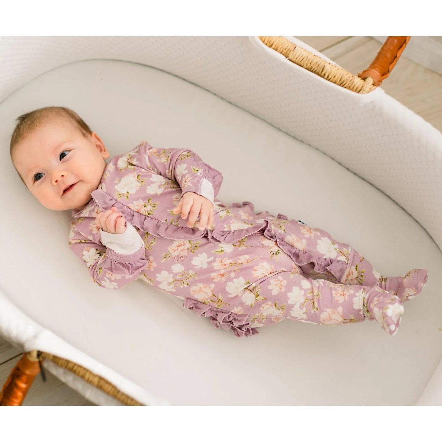 KicKee Sweet Pea Spring Floral | Print Layette Ruffle Footie with 2 Way Zipper