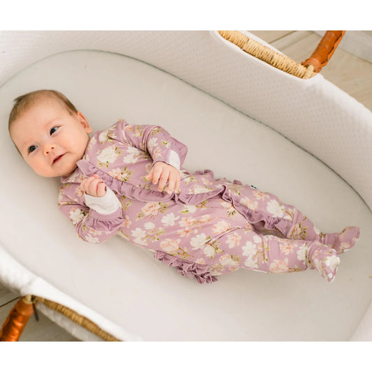 KicKee Sweet Pea Spring Floral | Print Layette Ruffle Footie with 2 Way Zipper