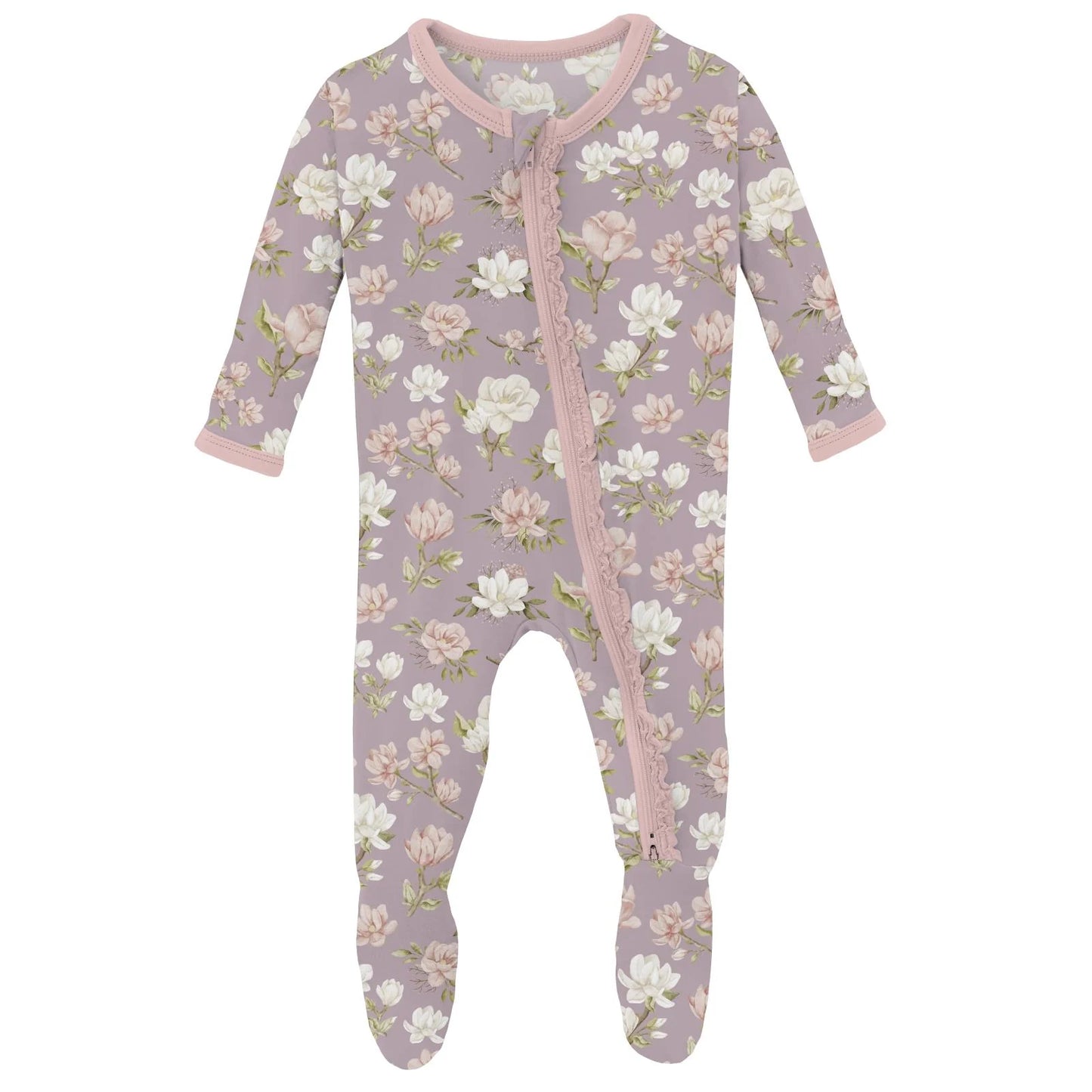 KicKee Sweet Pea Floral | Print Muffin Ruffle Footie with 2 Way Zipper