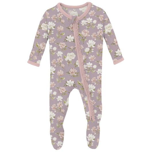 KicKee Sweet Pea Floral | Print Muffin Ruffle Footie with 2 Way Zipper