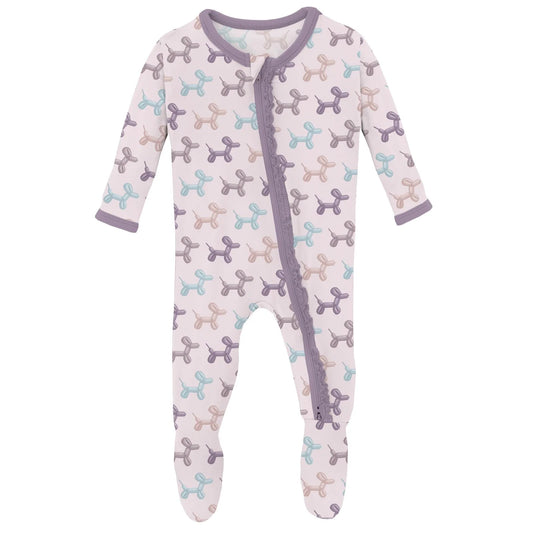 KicKee Shrinking Violet Balloon Dogs | Print Muffin Ruffle Footie with 2 Way Zipper