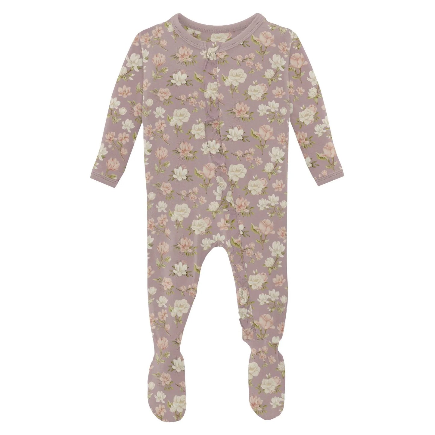KicKee Sweet Pea Spring Floral | Print Layette Ruffle Footie with 2 Way Zipper