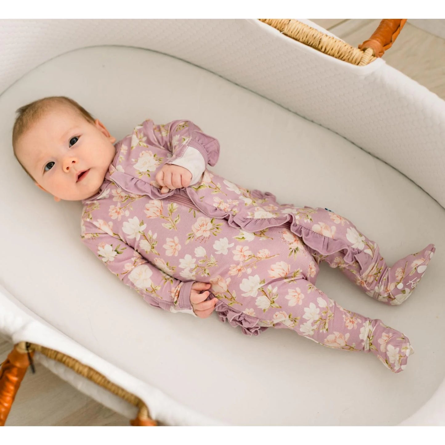 KicKee Sweet Pea Spring Floral | Print Layette Ruffle Footie with 2 Way Zipper