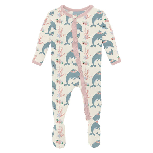 Kickee Natural Dolphins | Print Classic Ruffle Footie With 2 Way Zipper