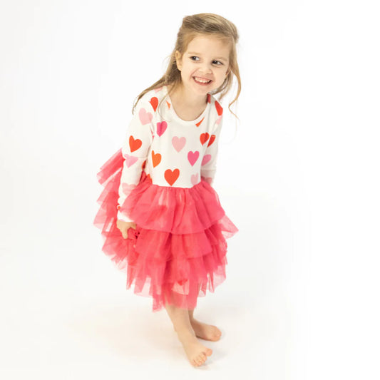 Angel Dear Red Big Hearts | Long Sleeve Layered Tulle Dress