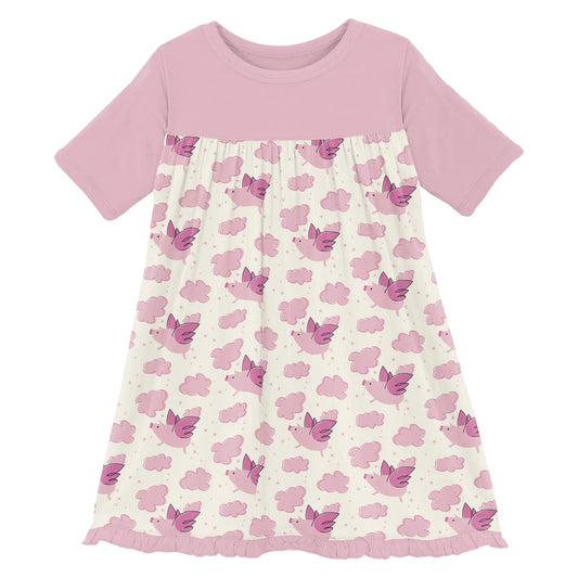 Kickee Natural Flying Pigs | Print Classic Short Sleeve Swing Dress