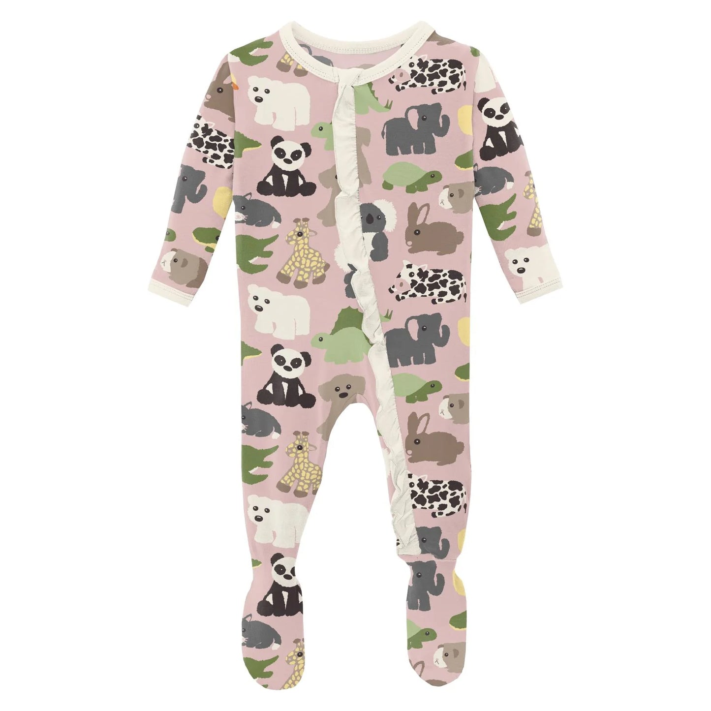 Kickee Baby Rose Too Many Stuffies | Print Classic Ruffle Footie With 2 Way Zipper