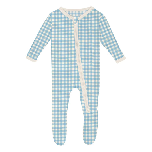 Kickee Seaside Blue Gingham | Print Footie With 2 Way Zipper