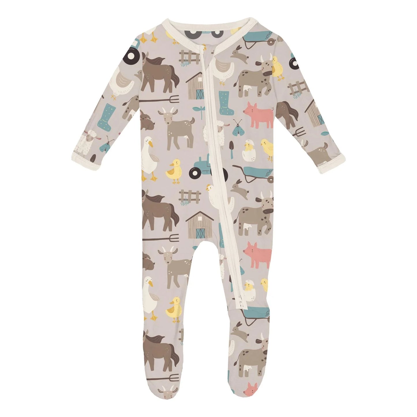 Kickee Latte Morning On The Farm | Print Footie With Two Way Zipper