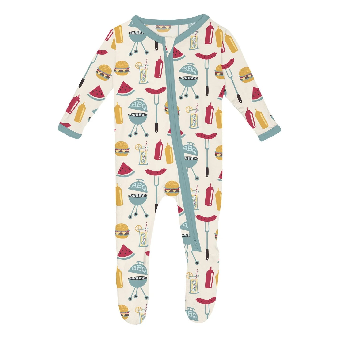 KicKee Natural BBQ | Print Footie With 2 Way Zipper