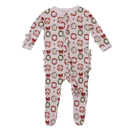 KicKee Shrinking Violet Wreath | Print Layette Ruffle Footie with 2 Way Zipper