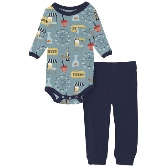 Kickee Stormy Sea Fall Fair | Print Long Pocket One Piece & Pants Outfit Set