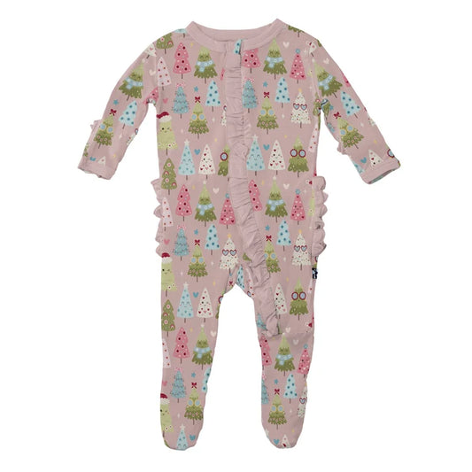KicKee Baby Rose Cute Trees | Print Layette Ruffle Footie with 2 Way Zipper
